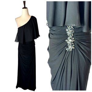 Xscape‎ Dress Women 12 Black One Shoulder Embellished Ruched Gown Cocktail Party